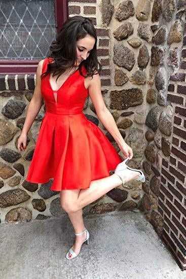 Cute Red A Line Satin V Neck Straps Short Prom Dresses Hoco Dresses