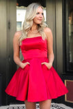 Cute Red Short Prom Dresses with Pockets Strapless Above Knee Satin Homecoming Dresses