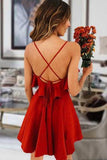 Cute Red Spaghetti Straps V Neck Criss Cross Chiffon Above Knee Homecoming Dresses