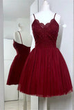 Cute Spaghetti Straps Burgundy Tulle Short Prom Dress with Lace Homecoming Dresses