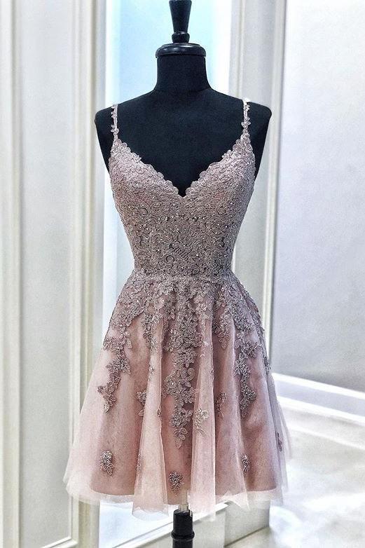 Cute Spaghetti Straps Mude Pink V Neck Lace Appliques Homecoming Dresses with Tulle