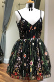 Cute Straps Black Embroidery Floral V Neck Short Homecoming Dress Short Prom Dress