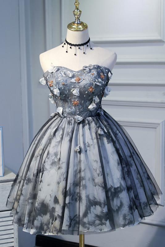 Cute Sweetheart Gray Strapless Beads Lace up Tulle Homecoming Dresses with Flowers