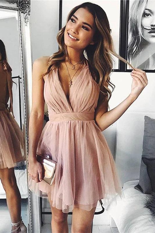 Cute V Neck Above Knee Pink Ruffles Tulle Short Prom Dresses Homecoming Dresses