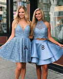 Cute V Neck Blue Short Prom Dresses Above Knee Homecoming Dress Cocktail Dresses