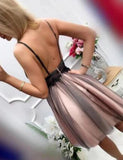 Cute V Neck Short Black Lace Spaghetti Straps Prom Dresses Backless Homecoming Dress
