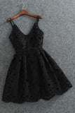 Cute Black Spaghetti Straps Homecoming Dresses Sweetheart Lace Short Prom Dresses