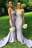Elegant Long Mermaid Light Grey Sweetheart Appliques Beaded Sleeveless Bridesmaid Dress