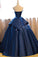 Dark Blue Ball Gown Satin Strapless Lace up Appliques Long Prom Quinceanera Dress