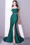 2024 Elegant Green Off Shoulder Two-Piece Slit Mermaid Bateau Prom Dresses