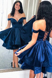 A-Line Navy Blue Off The Shoulder Lace Up Homecoming Dresses