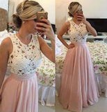 Gorgeous Lace Chiffon A-Line Formal Prom Gown With Pearls Blush Pink Long Prom Dresses