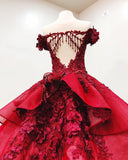 2024 Chic Ball Gown V Neck Beads Appliques Red Off-the-Shoulder Long Prom Dresses