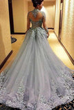 High Neck A-line Long Sleeve Tulle Appliques Sweep Train Long Prom Dresses