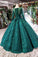 Dark Green Long Sleeves Ball Gown Prom Dress with Beads Lace up Quinceanera Dresses