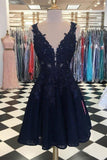 Dark Navy Lace Homecoming Dresses V Neck Appliqued Cheap Short Prom Dresses