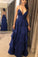 Dark Royal Blue Spaghetti Straps Tiered High Waist Prom Dresses V Neck Backless Party Dresses
