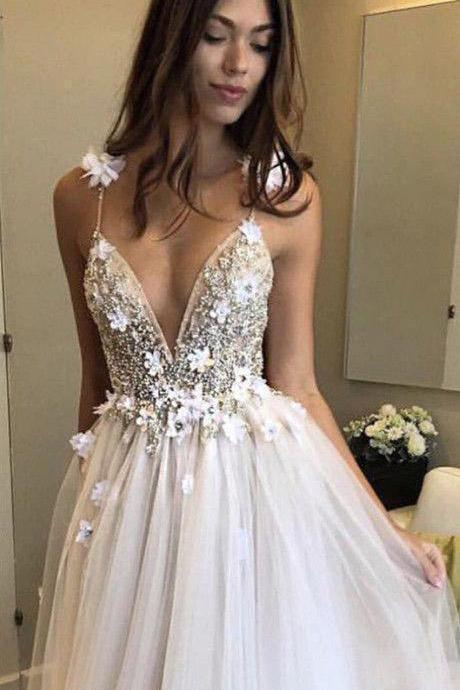 Deep V Neck Beads Prom Dresses Straps Tulle Appliques A-line Beach Wedding Dress
