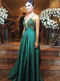 Deep V Neck Spaghetti Straps Green Beaded Prom Dresses Long Evening Dresses