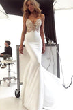 Deep V Neck Spaghetti Straps Ivory Lace Backless Mermaid Prom Dress Wedding Dresses