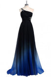 Dreamy A-line One Shoulder Sweep Train Chiffon Prom/Evening Dresses With Beads