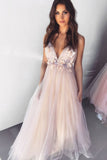 Dreamy V Neck Pearl Pink Tulle Floor Length Prom Evening Dress with Appliques
