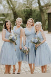 Dusty Blue V Neck Chiffon Short Cheap Ruffles Bridesmaid Dresses Short Prom Dresses