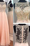 A-Line Blush Pink Sexy Chiffon Cheap Scoop Sleeveless Beads Zipper Prom Dresses