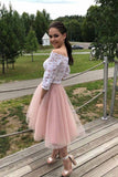 Elegant 3/4 Sleeves Lace Off the Shoulder Short Tulle Prom Dresses Two Piece Hoco Dress
