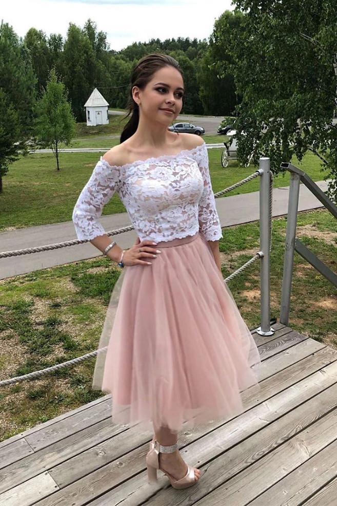 Elegant 3/4 Sleeves Lace Off the Shoulder Short Tulle Prom Dresses Two Piece Hoco Dress