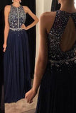 Elegant Chiffon Prom Dresses Navy Blue Long Evening Gowns with Beading Prom Gown
