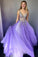 Elegant A Line Grey Long Prom Dress with Silver Appliques Tulle V Neck Party Dresses