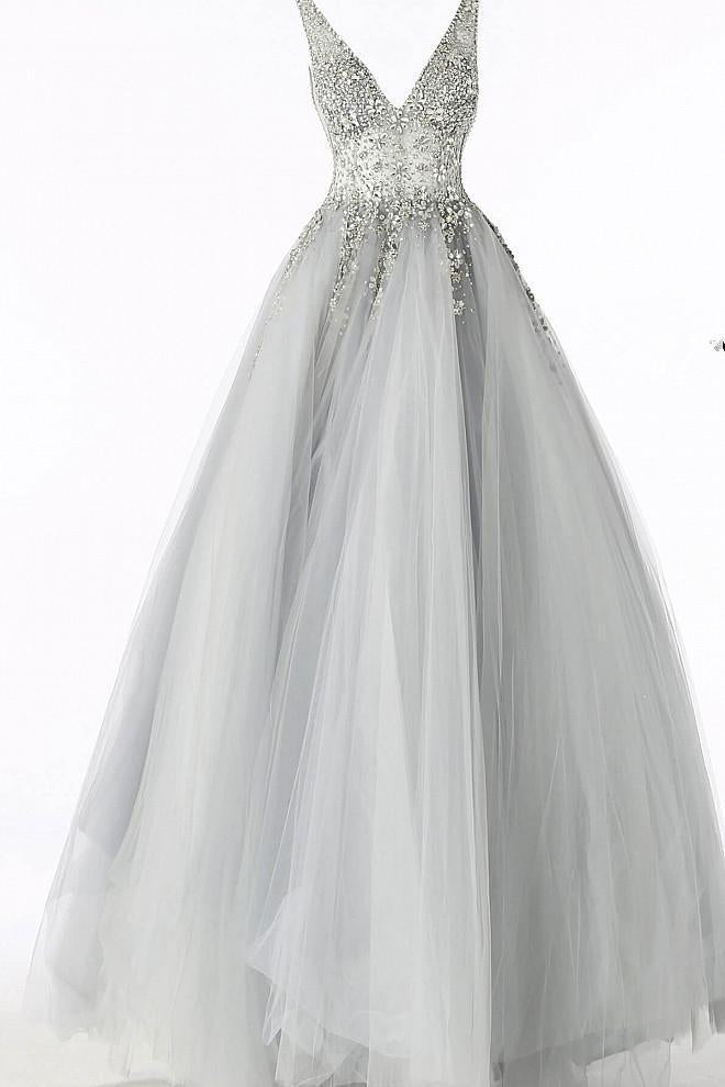 Elegant A Line Grey Long Prom Dress with Silver Appliques Tulle V Neck Party Dresses