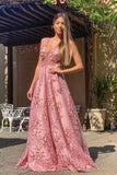 Elegant A Line Pink Lace Appliques Round Neck Straps Prom Dresses Long Formal Dress