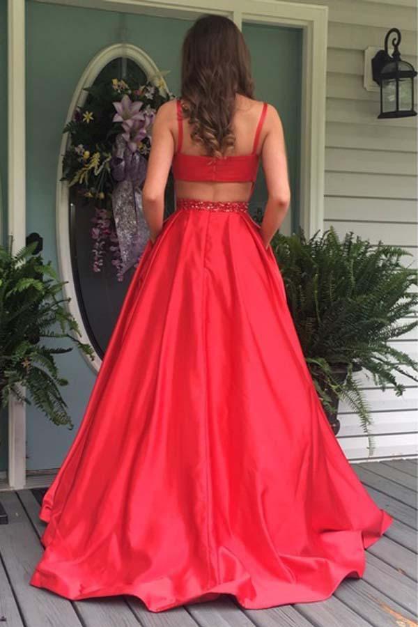 Elegant A Line Red Long Prom Dress Evening Dress with Open Back Pockets