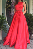 Elegant A Line Red Long Prom Dress Evening Dress with Open Back Pockets