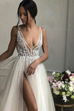 Elegant A Line Tulle Beads Deep V Neck Prom Dresses High Slit Ivory Evening Dresses