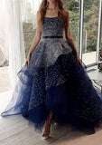 Elegant Ball Gown Navy Blue Strapless Prom Dresses Long Cheap Formal Dresses