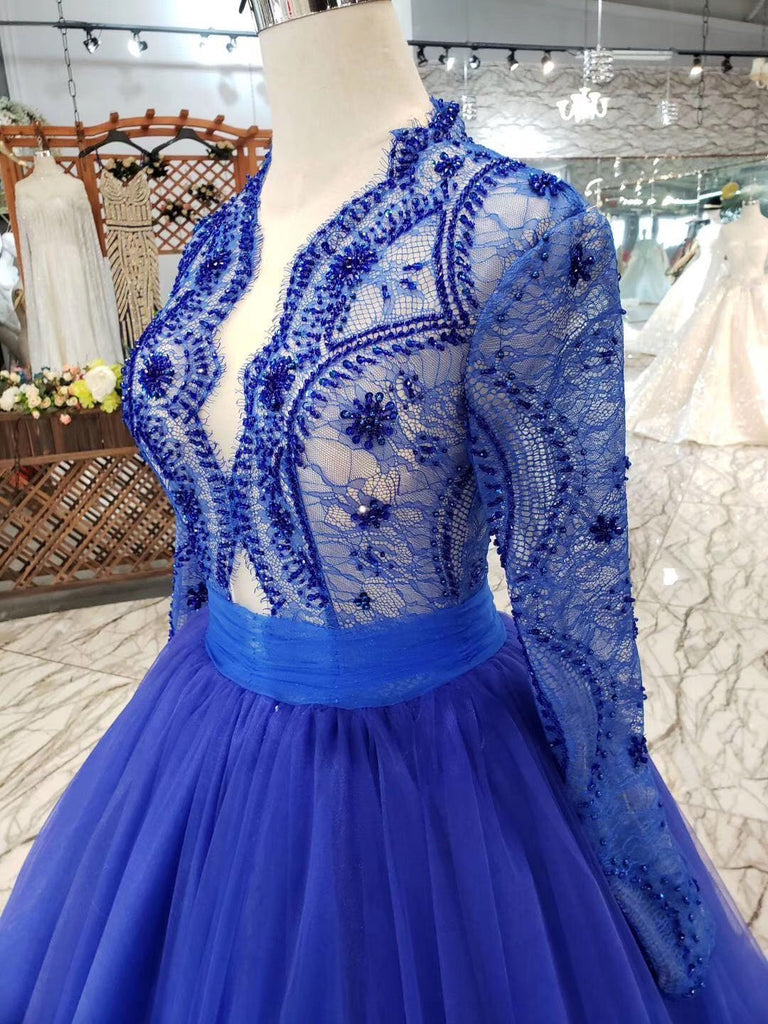 Elegant Blue Tulle Deep V Neck Long Sleeve Beads Ball Gown Prom Dresses with Lace up