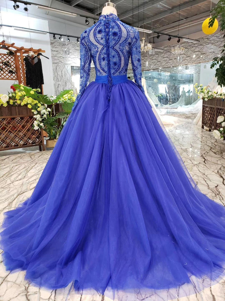 Elegant Blue Tulle Deep V Neck Long Sleeve Beads Ball Gown Prom Dresses with Lace up