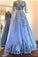 Elegant Blue Two Pieces Lace Appliques Scoop 3/4 Sleeve Long Cheap Prom Dresses