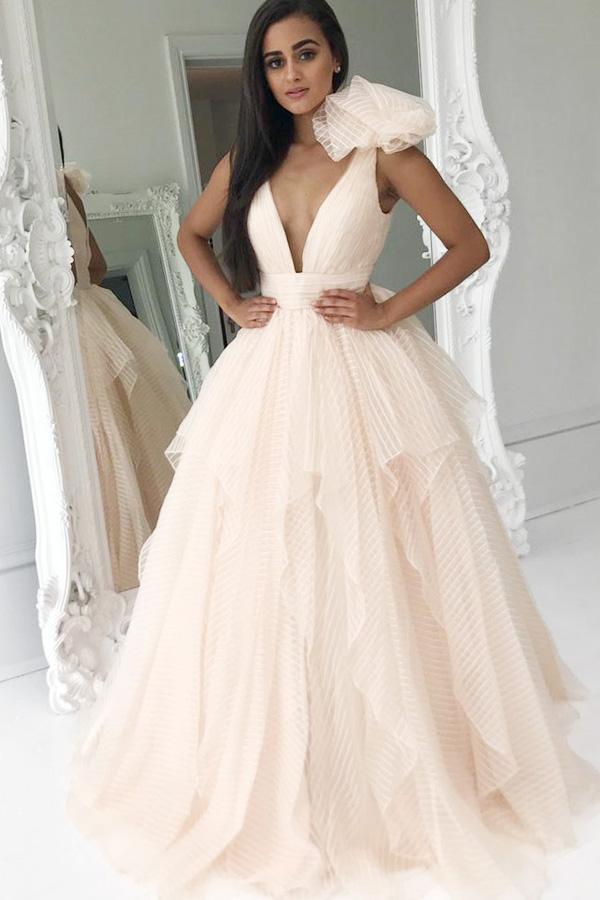 Elegant Deep V Neck Organza Pink Princess Prom Dresses Quinceanera Dresses