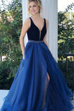 Elegant Deep V Neck Tulle Long Prom Dress With Beading Navy Blue Evening Gowns