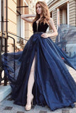 Elegant Deep V Neck Tulle Long Prom Dress With Beading Navy Blue Evening Gowns
