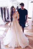 Elegant Illusion Neck Long Sleeves Tulle Wedding Dress with Appliques Bridal Dress
