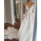 Elegant Ivory Spaghetti Straps Tulle Lace V Neck Wedding Dresses With Pockets