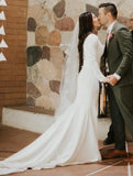 Elegant Long Sleeve Satin Scoop Ivory Wedding Dresses Long Cheap Wedding Gowns