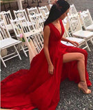 Elegant Red Split V-Neck A-Line Chiffon Sexy Floor-Length Prom Dresses