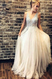 Elegant Rhinestones Bodice Prom Dresses with Tulle V Neck Backless Formal Dresses