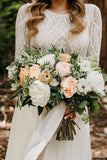 Elegant Scoop Long Sleeve Chiffon Wedding Dresses with Lace Backless Ivory Bridal Dresses
